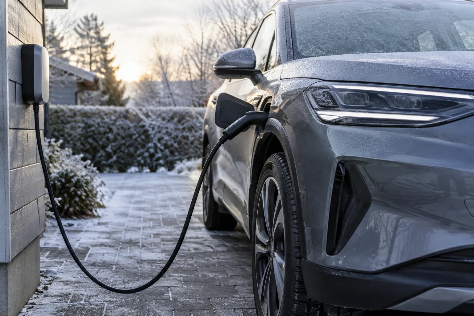 Câble de recharge relié à une voiture électrique stationnée dehors par temps froid.