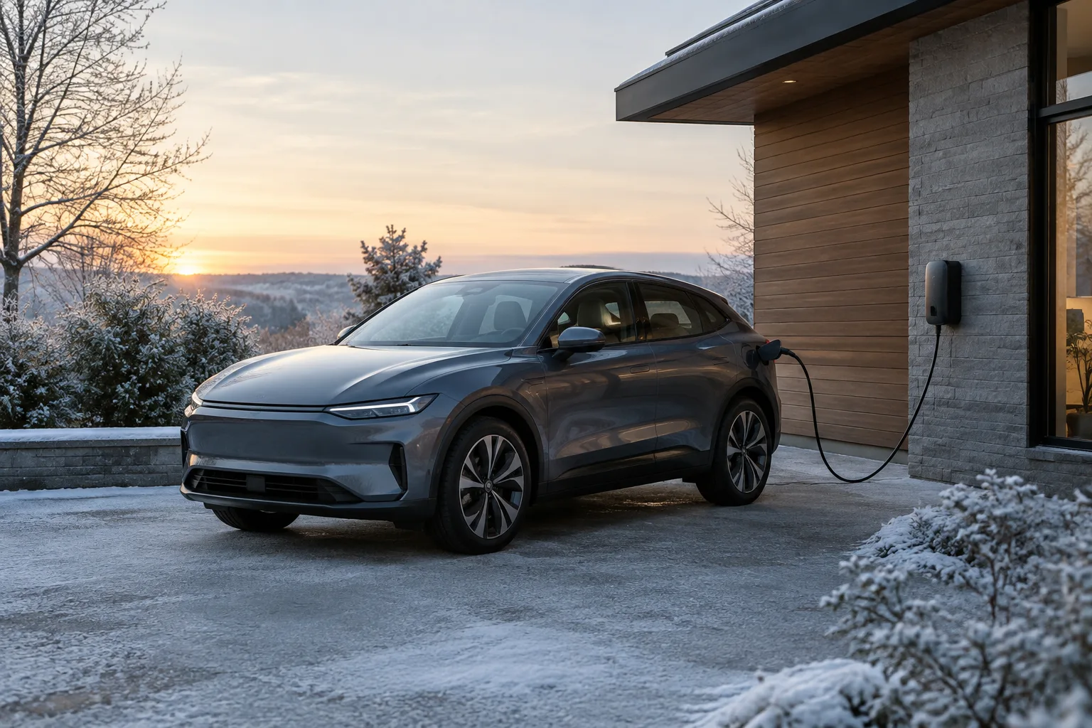 Une voiture électrique branchée à une borne domestique par une matinée froide.